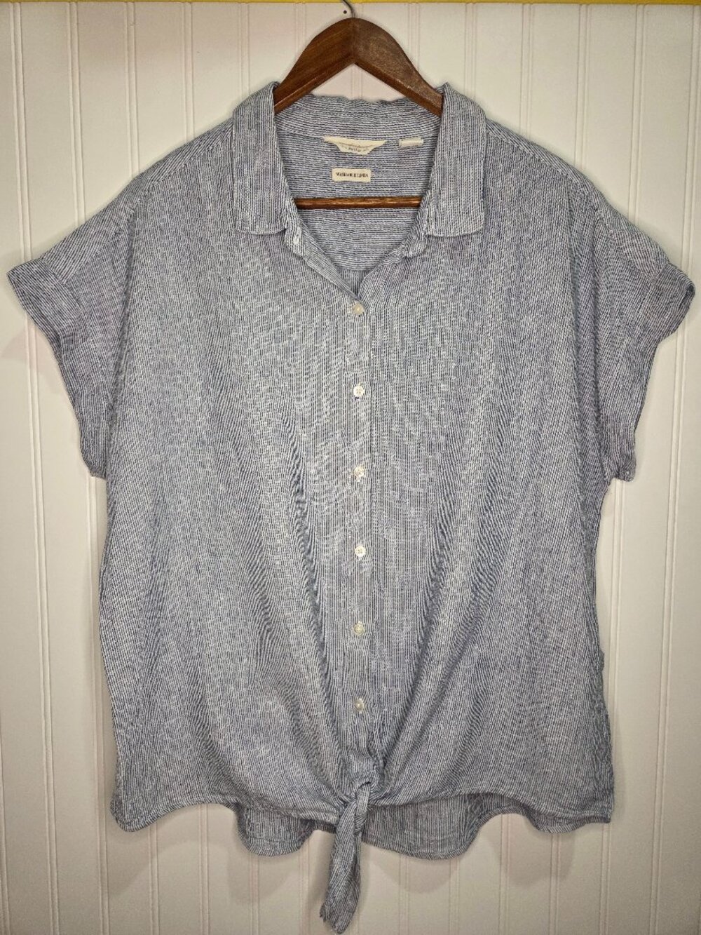 Weatherproof Vintage Striped Washable Linen Button Up Tie Front Shirt XL